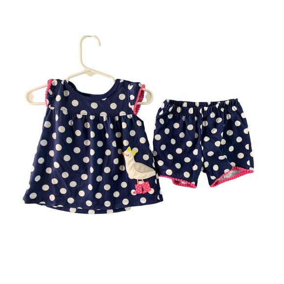 Carters Girls Infant Baby Size 18 months Blue White Polka Dot Bird Patch 2 Piece - Picture 1 of 4